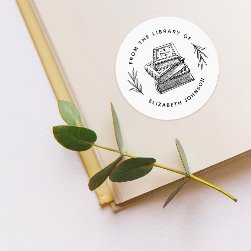 Hand_drawn Books Leaves Custom From The Library Of Classic Round Sticker