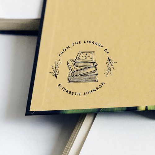 Hand_drawn Books Leaves Custom From The Library Of Rubber Stamp