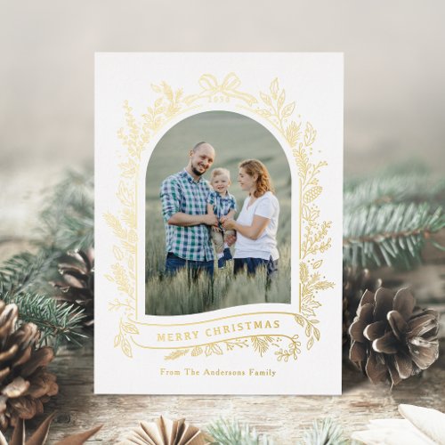 Hand Drawn Botanical Arch Merry Christmas  Foil Holiday Card