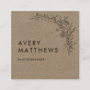 Hand drawn Botanical Greenery Minimal Rustic Square Business Card