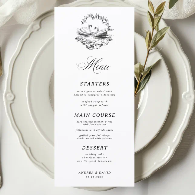Menu Backdrop Swan Hand Drawn Botanical Vintage Swan White Wedding Menu | Zazzle