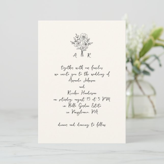 Hand Drawn Bouquet Monogram Handwriting Wedding Invitation (Standing Front)