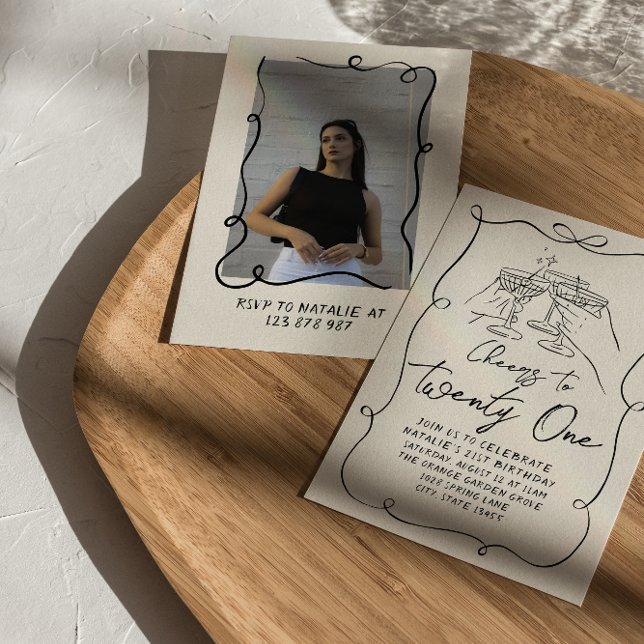 Hand Drawn Bow 21st Fun Photo Birthday Party Invitation (Creator Uploaded)