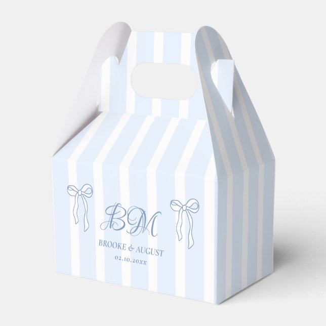 Hand Drawn Bow Blue Wedding Monogram Favor Boxes (Front Side)