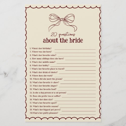 Hand Drawn Bow Burgundy 20 Questions About Bride