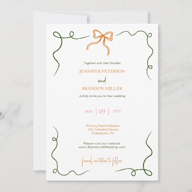 Hand Drawn Bow colorful quirky wedding Invitation (Front)