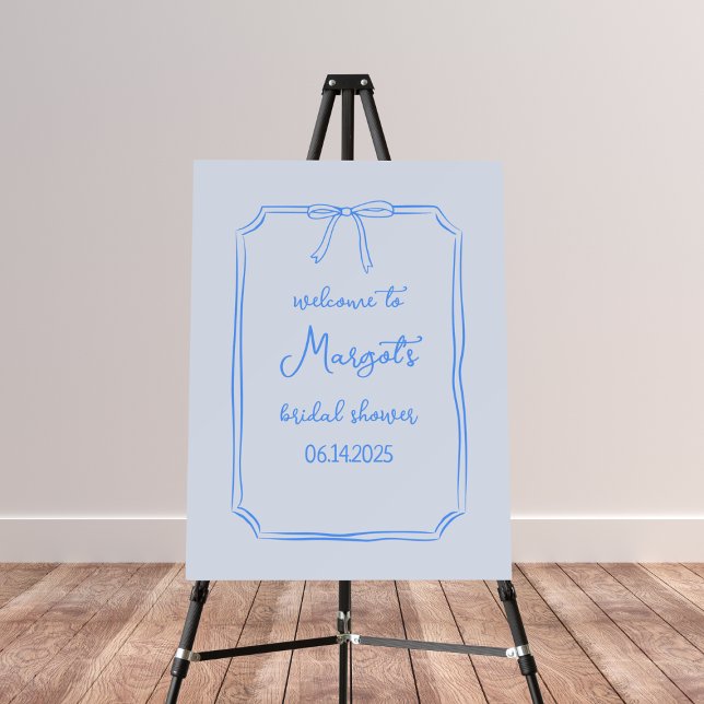 Hand Drawn Bow Coquette Cute Blue Welcome Sign  (Elevate your bridal shower with this chic welcome sign, featuring a timeless, coquette blue bow.)