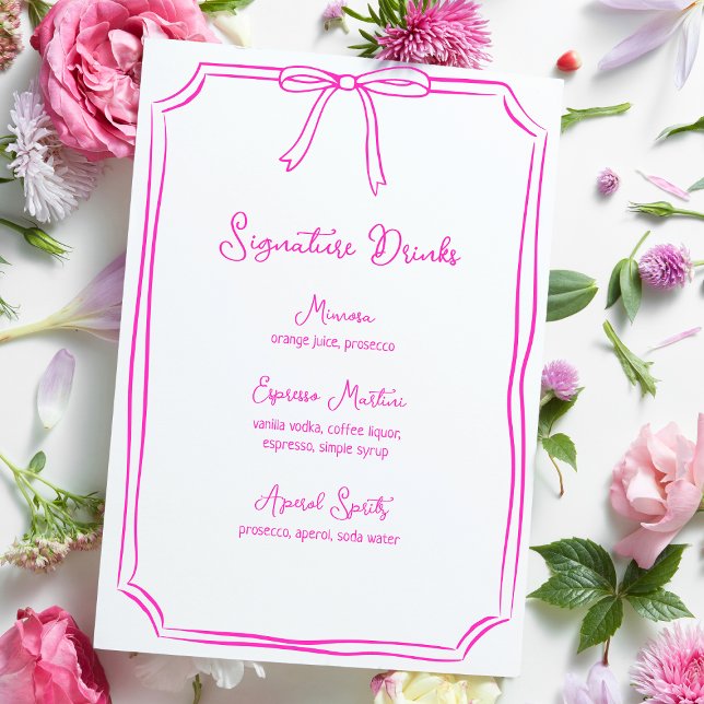 Hand Drawn Bow Coquette Pink Signature Drinks Menu (Elegant floral signature drinks menu with a pink bow design, giving a whimsical coquette aesthetic.)