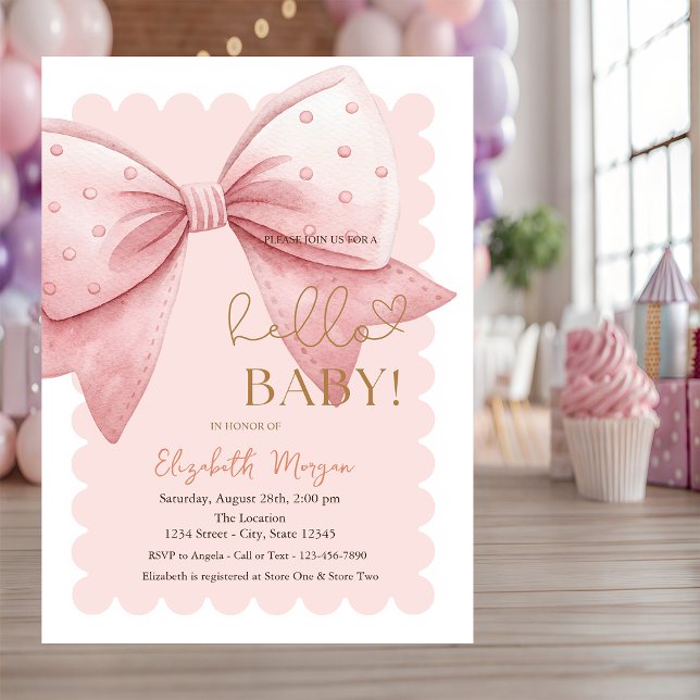  Hand Drawn Bow Dots Frame Pink Baby Shower Invitation (Creator Uploaded)