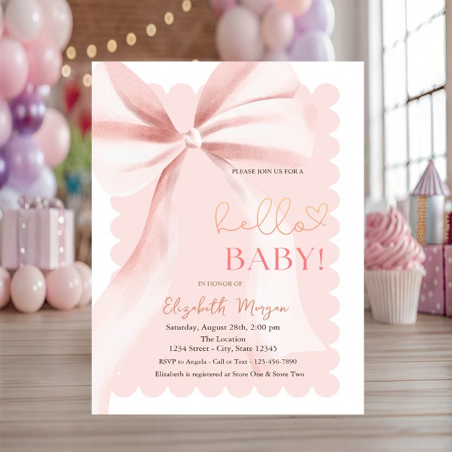  Hand Drawn Bow Elegant Frame Pink Baby Shower Invitation (Creator Uploaded)