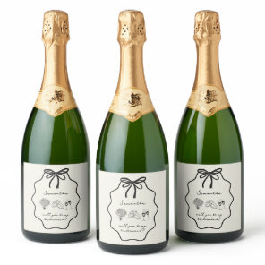 Hand Drawn Bow Floral Bridesmaid Proposal Sparkling Wine Label