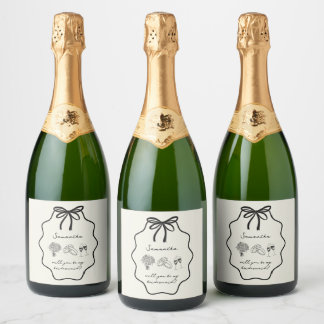 Hand Drawn Bow Floral Bridesmaid Proposal Sparkling Wine Label