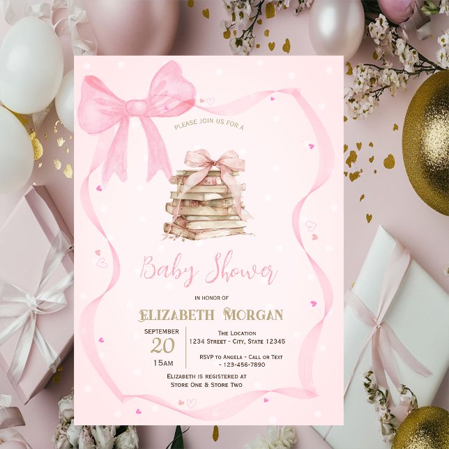 Hand Drawn Bow Frame Books Dots Baby Shower Invitation (Creator Uploaded)