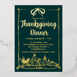 Hand Drawn Bow Frame Feast Thanksgiving Dinner Foil Invitation