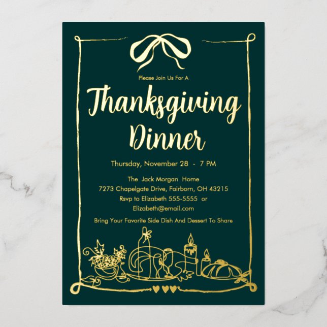 Hand Drawn Bow Frame Feast Thanksgiving Dinner Foil Invitation (Front)