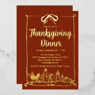 Hand Drawn Bow Frame Feast Thanksgiving Dinner Foil Invitation