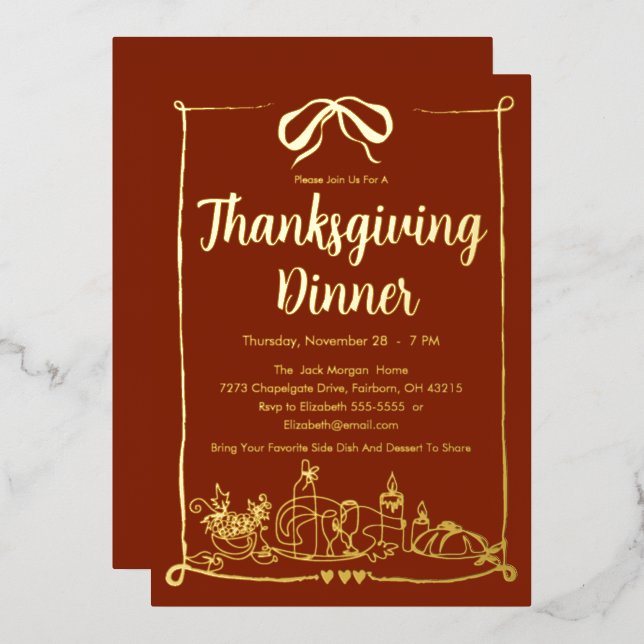 Hand Drawn Bow Frame Feast Thanksgiving Dinner Foil Invitation (Front/Back)