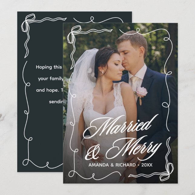 Hand Drawn Bow Frame Married Merry Newlywed Photo Holiday Card (Front/Back)