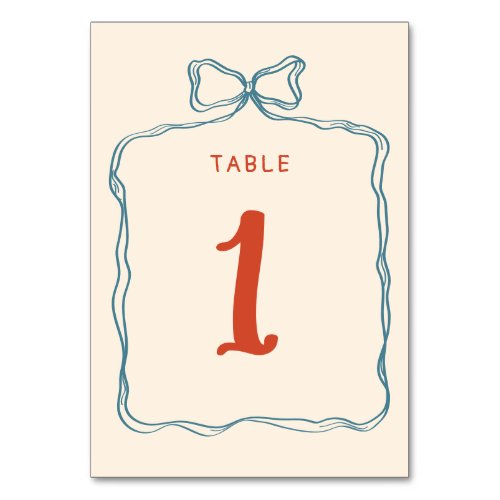 Hand Drawn Bow Frame Orange Blue Retro Wedding Table Number