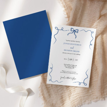 Hand Drawn Bow French blu wedding Invitation