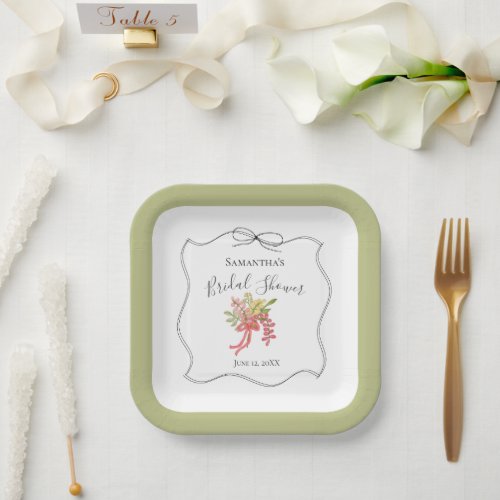 Hand Drawn Bow Green Bridal Shower Simple Bouquet Paper Plates