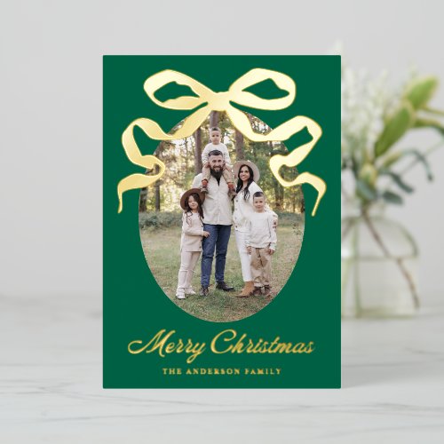 Hand-Drawn Bow Green Merry Christmas 5 Photo Foil Holiday Card