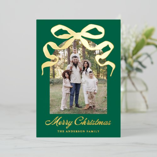 Hand-Drawn Bow Green Merry Christmas Arch Photo Foil Holiday Card