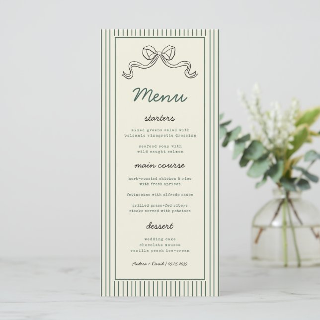 Hand Drawn Bow Green Stripes Vintage Wedding Menu (Standing Front)