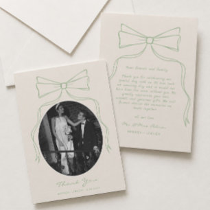 Hand Drawn Bow Green Wedding Photo Thank You Card