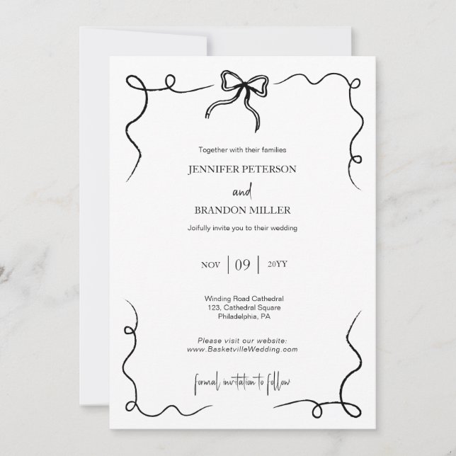 Hand Drawn Bow minimal quirky wedding Invitation (Front)