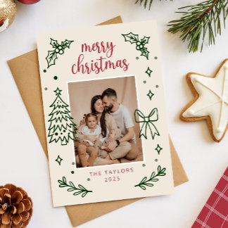 Hand Drawn Bow Minimalist Family Christmas Photo Holiday Card