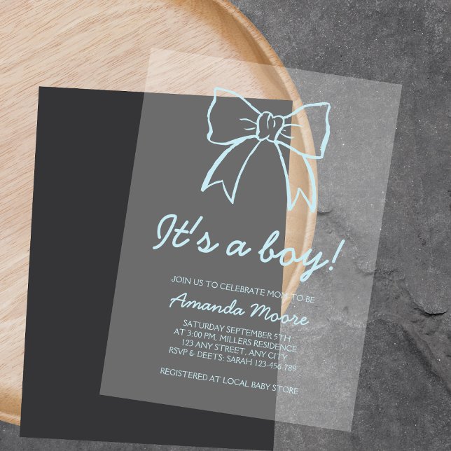 Hand Drawn Bow Minimalist It's A Boy Baby Shower Acrylic Invitations (Hand Drawn Bow Minimalist It's A Boy Baby Shower Acrylic Invitations)