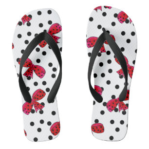Hand drawn bow polka dots white red black cartoon flip flops