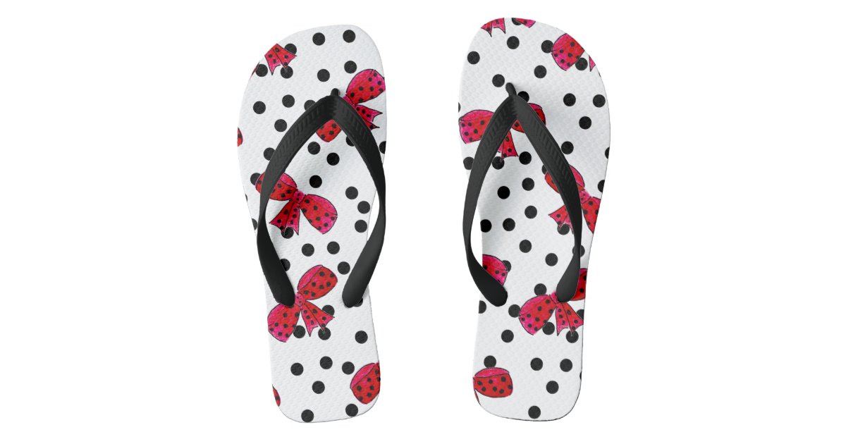 Hand drawn bow polka dots white red black cartoon flip flops | Zazzle