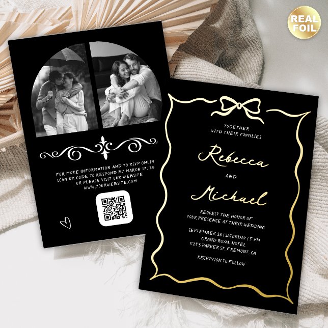 Hand Drawn Bow QR Code Photo Wedding Black Gold Foil Invitation (Creator Uploaded)