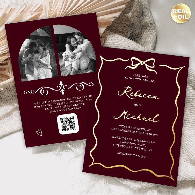Hand Drawn Bow QR Code Photo Wedding Burgundy Gold Foil Invitation (Creator Uploaded)