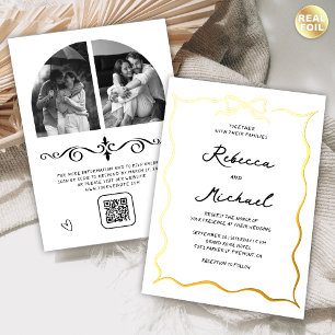 Hand Drawn Bow QR Code Photo Wedding Gold Foil Invitation
