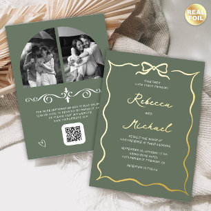 Hand Drawn Bow QR Code Photo Wedding Sage Green Foil Invitation