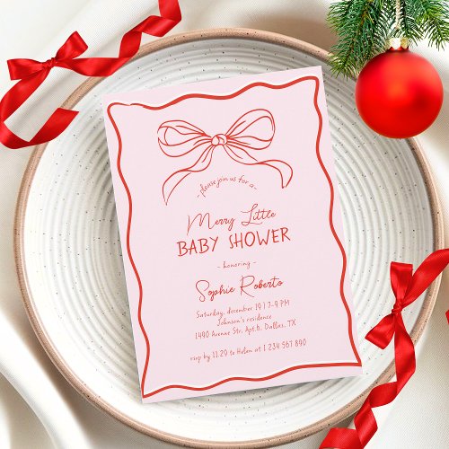 Hand Drawn Bow Red &amp; Pink Merry Little Baby Shower Invitation