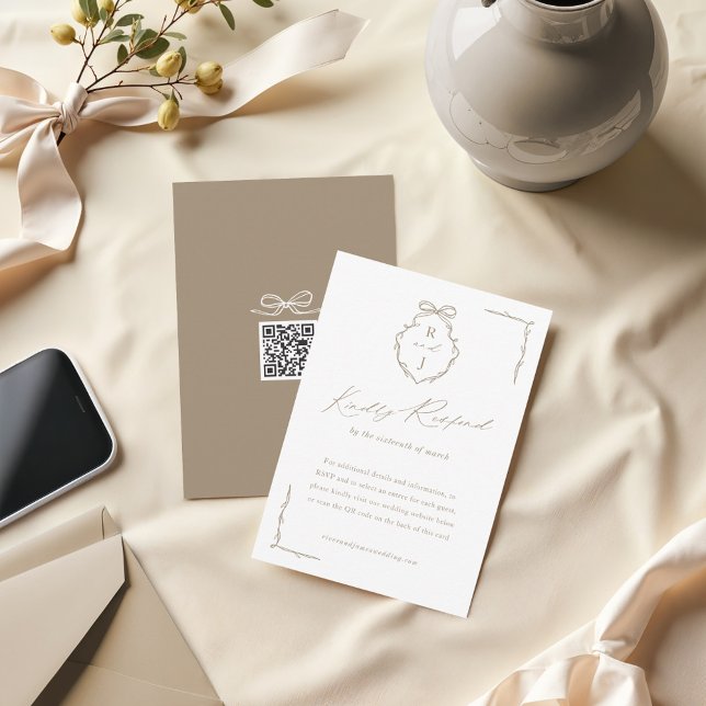 Hand Drawn Bow & Ribbon Monogram Crest Wedding RSVP Card (Hand Drawn Bow & Ribbon Monogram Crest Wedding RSVP Card)