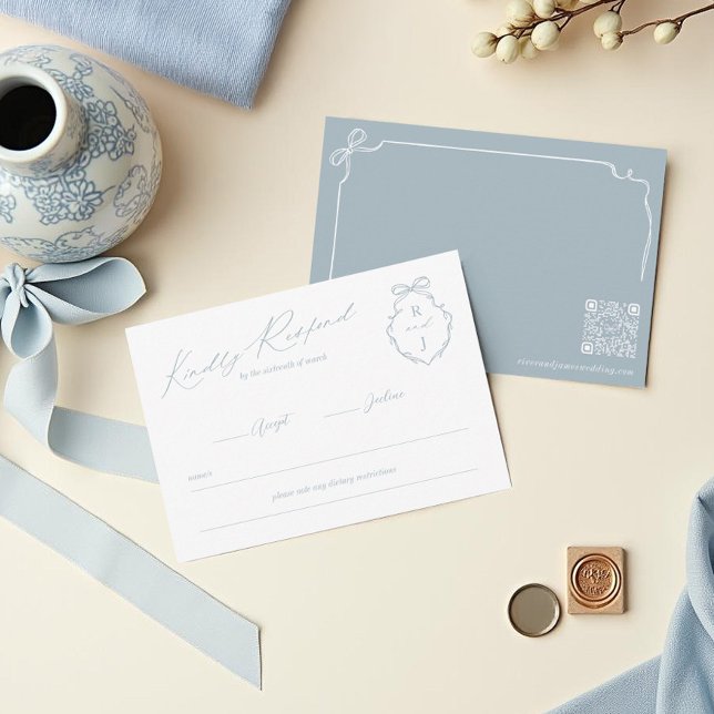 Hand Drawn Bow & Ribbon Monogram Crest Wedding RSVP Card (Hand Drawn Bow & Ribbon Monogram Crest Wedding RSVP Card)