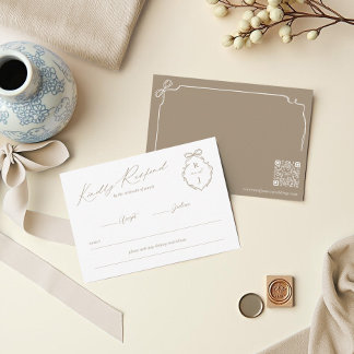 Hand Drawn Bow & Ribbon Monogram Crest Wedding RSVP Card