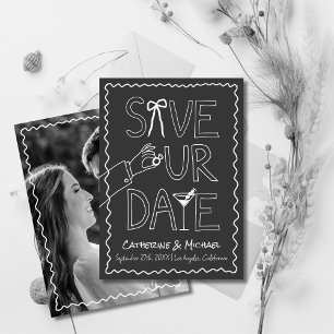 Hand Drawn Bow Ring & Wine Whimsical Photo Wedding Save The Date