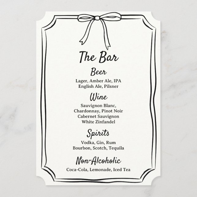 Hand Drawn Bow Scribble Modern Classic Wedding Bar Menu (Front)