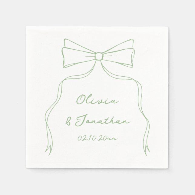 Hand Drawn Bow White and Green Wedding Napkins (Front)