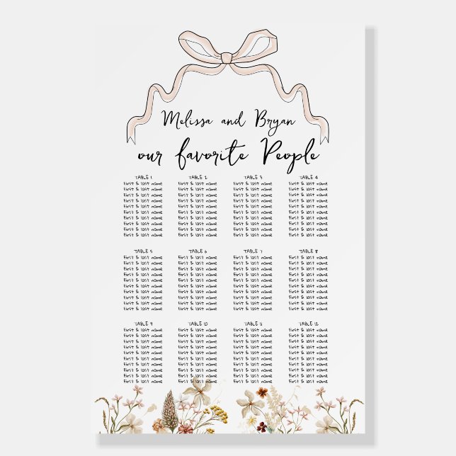 Hand drawn bow wildflowers Seating Chart Foam Board (Front)
