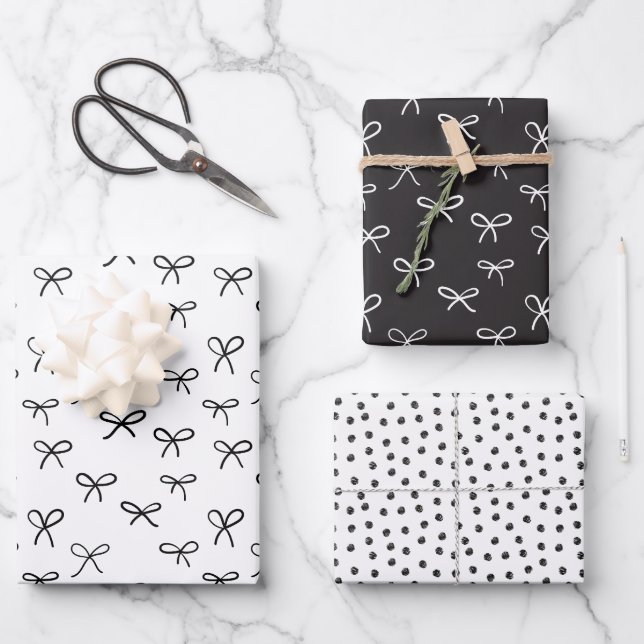 Hand-drawn bows holiday wrapping paper - black (Front)