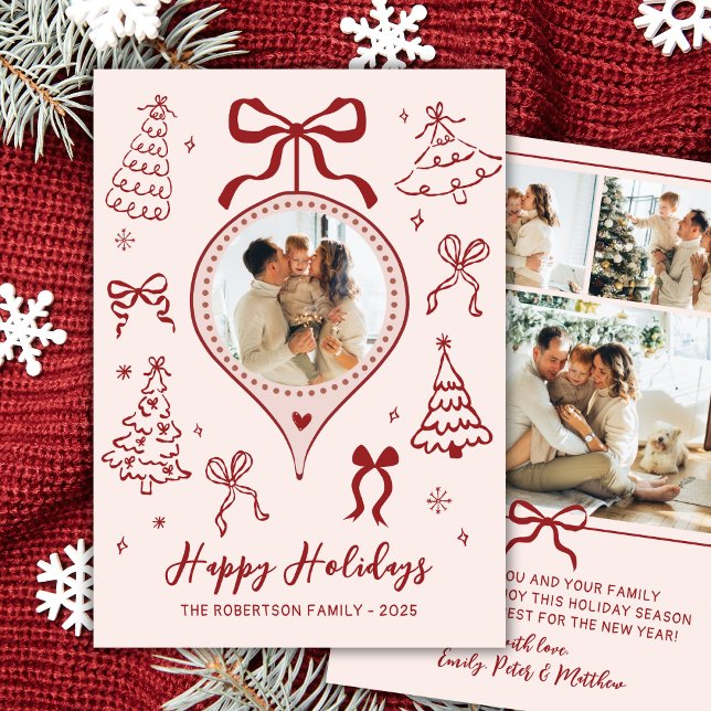 Hand-Drawn Bows Pink Red Photo Christmas Happy  Holiday Card (Creator Uploaded)