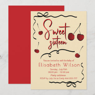 Hand drawn bows whimsy playful cherry sweet 16  invitation