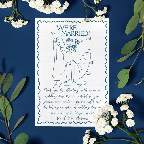 Hand Drawn Bride and Groom Scribble Script Wedding Thank You Card